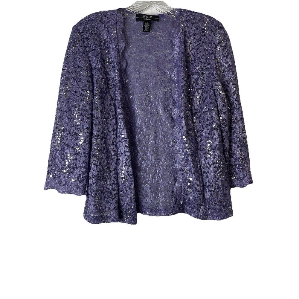 R&M Collection women Open Jacket Sz‎ 6 Purple Lace Sequined 3/4 Sleeve Scalloped